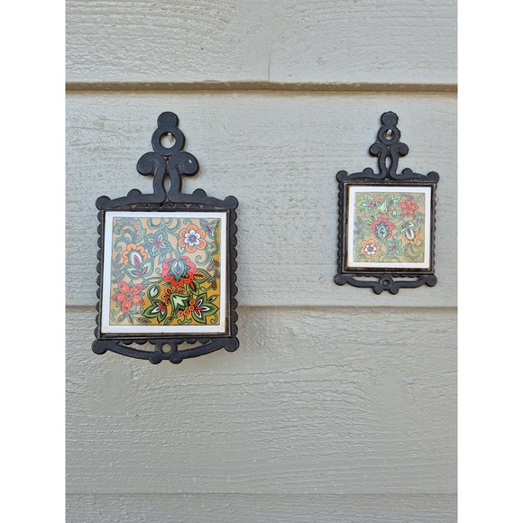 Vintage Cherry Japan Cast Iron Wall Plaques Set Retro 1970s Floral Tile Wall - Picture 7 of 7